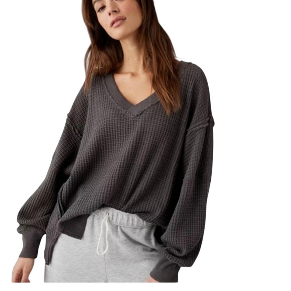 American Eagle Women’s Big Hug Oversized Waffle V-Neck Sweatshirt SZ LG Grey